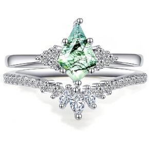 Moss Agate Ring Gemstone Silver Rings for Women Kite Cut Moss Agate Engagement Rings Set for Women Engagement Jewelry