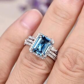 Mnyixsi Platinum Plated 925 Sterling Silver Sapphire Engagement Wedding Ring Set AAAAA Cz 925 Sterling Silver 3pcs Square Shape White Blue Gemstone Rings Set Size 8