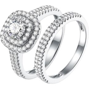 5Ct 925 Sterling Silver Cubic Zirconia Round Cut Double Halo Wedding Ring Set CZ Engagement Ring for Women Size 5-10