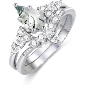 Moss Agate Ring Set 1 CT Kite Cut Natural Moss Agate and Moissanite Engagement Ring for Women 925 Sterling Silver White Gold Moss Agate Wedding Ring for Her Promise Rings