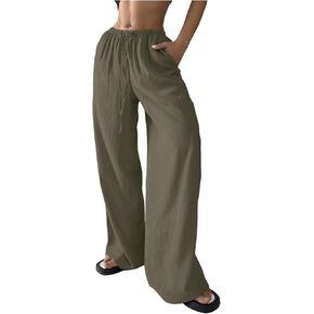 Women's Elastic Drawstring Waist Wide Leg Pants Loose Fit Sheer Cover Up Beach Pants Lounge with Pocket