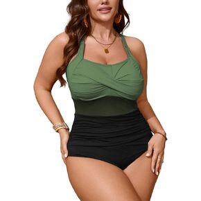 SCOMCHIC Women Plus Size One Piece Swimsuit Tummy Control Bathing Suit Color Block Ruched Swim Suits Swimwear