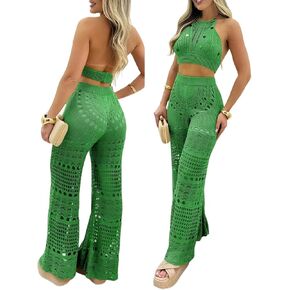 ChicMe Womens Crochet Cover-ups 2 Pieces Halter Sleeveless Crop Top and Casual Hollow-out Loose Fit Pants Set