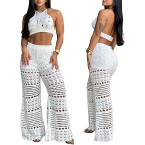 ChicMe Womens Crochet Cover-ups 2 Pieces Halter Sleeveless Crop Top and Casual Hollow-out Loose Fit Pants Set in Kuwait