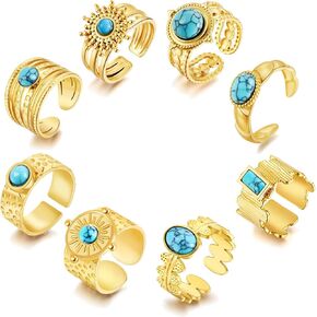 BROCC 8 PCS Gold Turquoise Ring for Women Cowgirl Boho Western Cuff Ring 18K Gold Plated Stainless Steel Rings