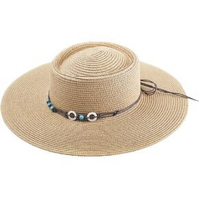 JEN & CO. Brianna Wide Brim Boater - Beaded Trim - Paper Straw Vacation Sun Hat