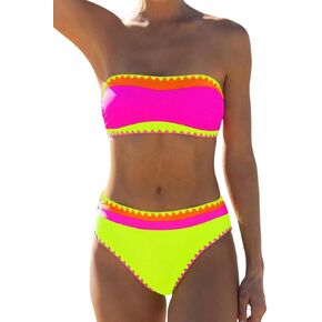 Women's Bandeau Bikini Strapless Bikini Neon Color Block Two Piece Whip Stitch Trim Bathing Suits