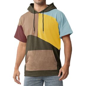 Mens Short Sleeve Hoodie Cotton Color Block T-Shirt Sweatshirt Moisture Wicking Half Sleeve Summer Pullover