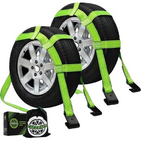 Tow Dolly Straps, 2 Pack Tow Dolly Basket Straps with Flat Hook, Car Dolly Strap, 10,000 lbs Breaking Strength, Tire Bonnet with Carrying Bag Fits Most 14"-17" Tires (Green)