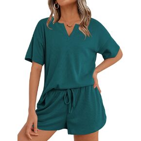 Ekouaer Waffle Knit Lounge Sets for Women 2 Piece Outfits Short Sleeve Top and Shorts Pajama Sets Tracksuit Sweatsuits S-XXL
