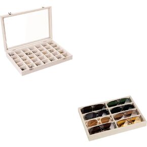 Frebeauty Velvet Jewelry Tray 35 Grid Jewelry Organizer with Clear Lid with Clasp,Velvet Sunglass Organizer Drawer Insert for Rings Studs Gift for Women Girls(Beige)