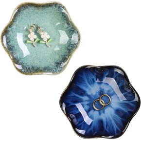 WHJY 2 Pack Ceramic Jewelry Dish 4.3 Inch Ring Holder for Women Decorative Lotus Flower Trinket Tray for Room Decor Pink and White Vanity Storage for Ring Earring Necklace