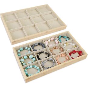 MOOCA 2 Pcs Set Bamboo Jewelry Display Tray Organizer with 12 Compartments for Bracelets, Rings, Earrings, Geige Watches, Oak Color,14" W x 9.6" D x 1.2" H
