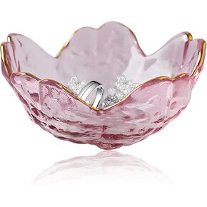 Flower Ring Dish Small Modern Accent Tray Ring Bowl Glass Pink Crystal Small Ring Dish Holder Dish Trinket Bowl, Jewelry Bowl Nightstand Decor Plate Vanity, Ring Dish for Necklaces Keys Gift Women