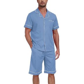 CF Mens 100% Cotton Pajamas Set Summer Shorts Set Button Down Pjs Set Soft Short Sleeve Lounge Set with Pockets & Front Fly