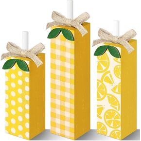 3 Pcs Summer Lemon Tiered Tray Decor Summer Table Block Sign Rustic Farmhouse Wooden Lemon Tabletop Centerpieces for Home Kitchen Shelf Indoor Party Decorations
