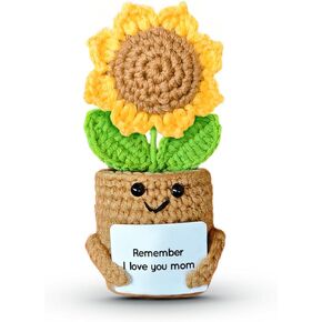 Mini Sunflower Mom Gifts from Daughter Son Kid, Handmade Crochet Mothers Day Christmas Birthday Gift with Card, Remember I Love You Mom, Positive Emotional Present, Cute Small Stuff Things