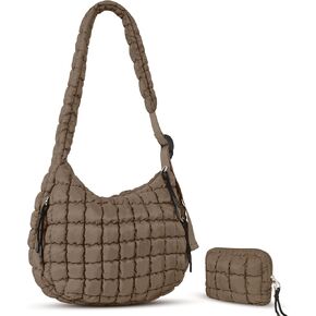Puffer Tote Bag Quilted Carryall Bag Adjustable Shoulder Long Strap Puffy Hobo Crossbody Bag for Women with Detachable Pouch