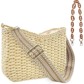 Small Straw Handbags for Women Crossbody Pocketbooks Woven Shoulder Purses Beach Tote Bag for Summer Vacation with Chain