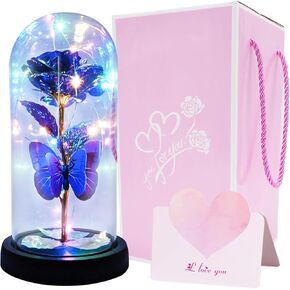 Beauty and The Beast Rose in Glass, Forever Rose with Butterfly in Glass Dome, Light up Eternal Rose Gift for Women Girlfriend Wife Mom, Enchanted Flower for Mother's Day Anniversary