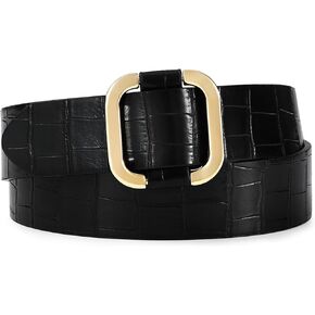 Women's Black Crocodile Belt Synthetic Leather with Gold Buckle Fashionable Waist Belt for Casual Formal Wear