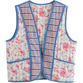 Women's Women's Floral Quilted Puffer Vest Lightweight Sleeveless Open Front Cropped Padded Outwear Vest