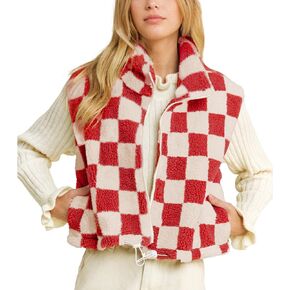 Hixiaohe Womens checkered Sherpa Fleece Vest High Collared Scondess stack stup up up sets darm dark outwear gilet