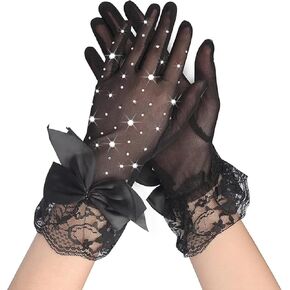 Rhinestone Gloves Short Lace Gloves Black Sheer Mesh Gloves Tea Party Gloves Evening Bow Opera Gloves for Women