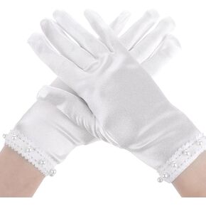 White Satin Gloves - Women's Pearl Bridal & Floral Tea Party Gloves for 1920s Fashion Accessories