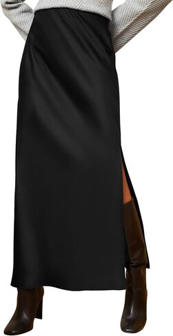 Ezcosplay Women Satin Silk Side Slit Maxi Skirt High Waisted Elastic Waist Silky Split Long Skirts in Saudi Arabia