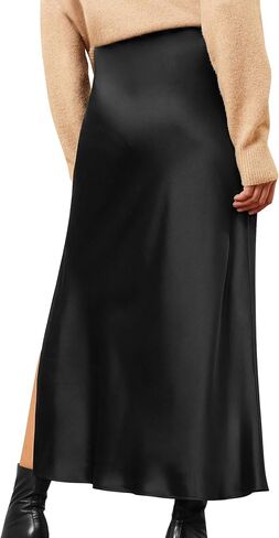 Ezcosplay Women Satin Silk Side Slit Maxi Skirt High Waisted Elastic Waist Silky Split Long Skirts in Saudi Arabia