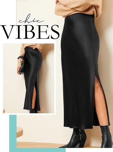 Ezcosplay Women Satin Silk Side Slit Maxi Skirt High Waisted Elastic Waist Silky Split Long Skirts in Saudi Arabia