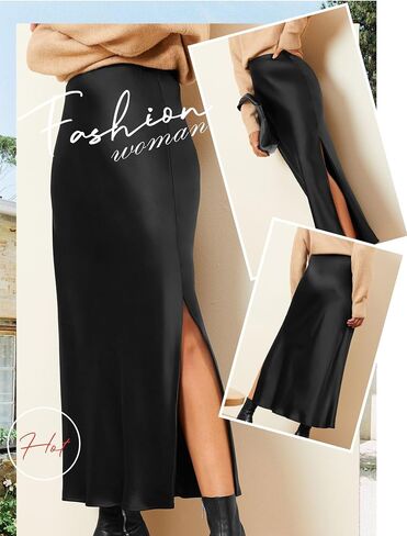Ezcosplay Women Satin Silk Side Slit Maxi Skirt High Waisted Elastic Waist Silky Split Long Skirts in Saudi Arabia