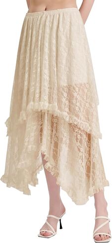 ROJZR Womens Lace Long Skirts Elastic High Low Asymmetrical Layered Hem Sexy See-Through Maxi Skirts Sheer Flowy Beach in Saudi Arabia