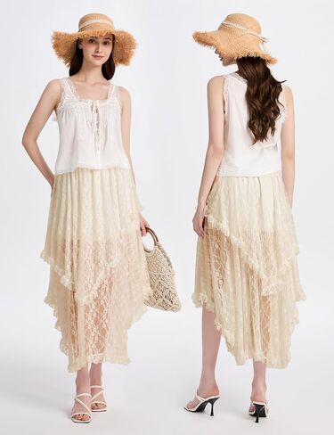 ROJZR Womens Lace Long Skirts Elastic High Low Asymmetrical Layered Hem Sexy See-Through Maxi Skirts Sheer Flowy Beach in Saudi Arabia