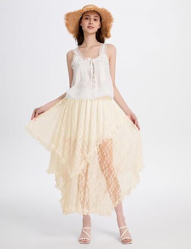ROJZR Womens Lace Long Skirts Elastic High Low Asymmetrical Layered Hem Sexy See-Through Maxi Skirts Sheer Flowy Beach in Saudi Arabia