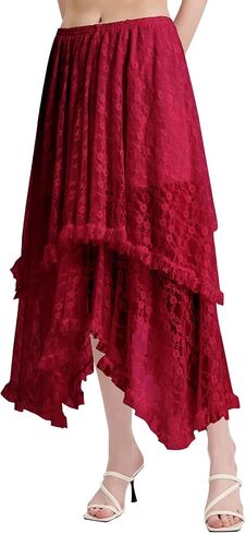 ROJZR Womens Lace Long Skirts Elastic High Low Asymmetrical Layered Hem Sexy See-Through Maxi Skirts Sheer Flowy Beach in Saudi Arabia