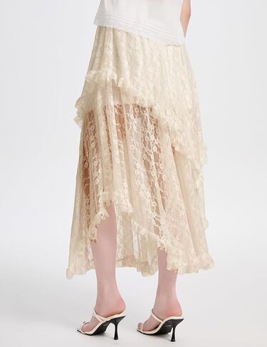 ROJZR Womens Lace Long Skirts Elastic High Low Asymmetrical Layered Hem Sexy See-Through Maxi Skirts Sheer Flowy Beach in Saudi Arabia
