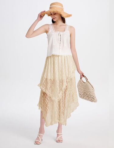 ROJZR Womens Lace Long Skirts Elastic High Low Asymmetrical Layered Hem Sexy See-Through Maxi Skirts Sheer Flowy Beach in Saudi Arabia