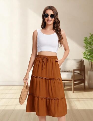 DRESSTELLS Women's Midi Skirts with Pockets Elastic High Waist Flowy Swing A Line Casual Long Skirt in Saudi Arabia