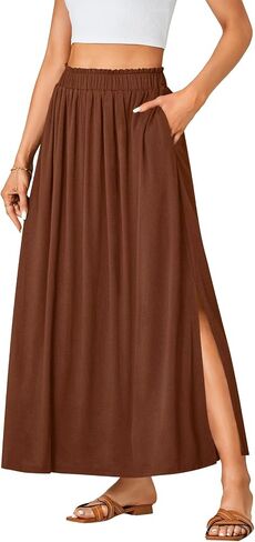Vrtige Women's Casual Elastic High Waist A Line Flowy Maxi Long Skirt with Pockets in Saudi Arabia