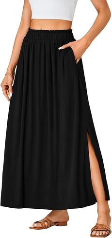 Vrtige Women's Casual Elastic High Waist A Line Flowy Maxi Long Skirt with Pockets in Saudi Arabia