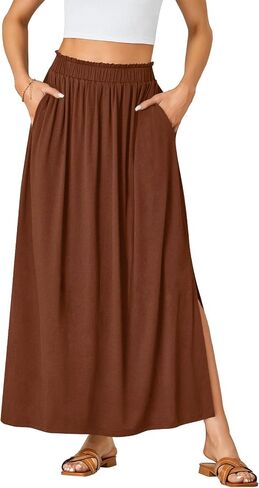 Vrtige Women's Casual Elastic High Waist A Line Flowy Maxi Long Skirt with Pockets in Saudi Arabia