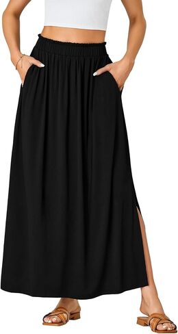 Vrtige Women's Casual Elastic High Waist A Line Flowy Maxi Long Skirt with Pockets in Saudi Arabia