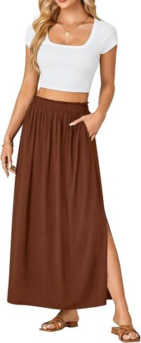 Vrtige Women's Casual Elastic High Waist A Line Flowy Maxi Long Skirt with Pockets in Saudi Arabia