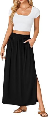 Vrtige Women's Casual Elastic High Waist A Line Flowy Maxi Long Skirt with Pockets in Saudi Arabia