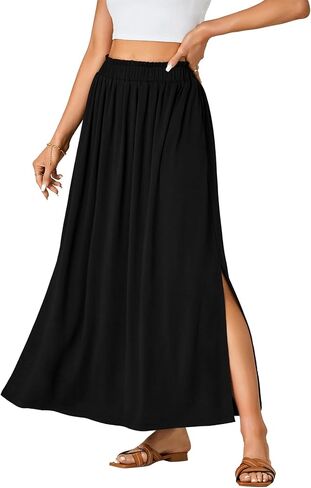 Vrtige Women's Casual Elastic High Waist A Line Flowy Maxi Long Skirt with Pockets in Saudi Arabia