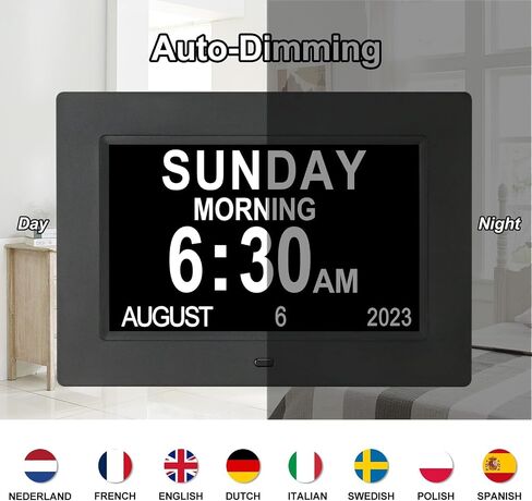 TSITSC 7 Inch Digital Day of The Week Clock Extra Large Non-Abbreviated Dementia Day and Date Time Clocks for Seniors Elderly Impaired Vision Memory Loss 12 Alarm Reminders + Auto-Dimming in Saudi Arabia