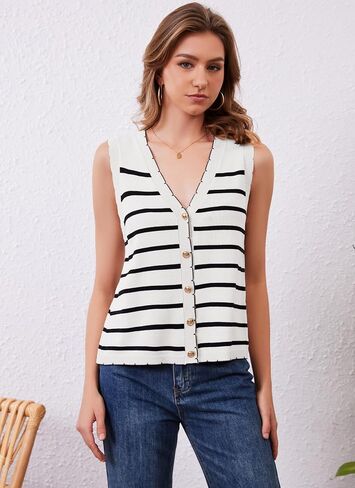 HVT Vest Tops for Women V Neck Striped Sweater Vests 2025 Summer Vacation Button Up Outfits Spring Tops in Saudi Arabia