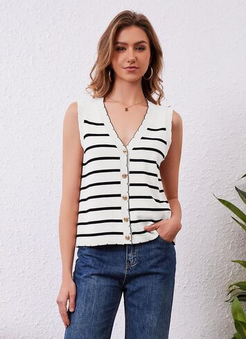 HVT Vest Tops for Women V Neck Striped Sweater Vests 2025 Summer Vacation Button Up Outfits Spring Tops in Saudi Arabia